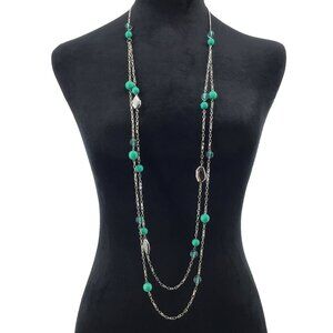 Long Length Beaded Necklace Double Strand Silver Tone Turqoise